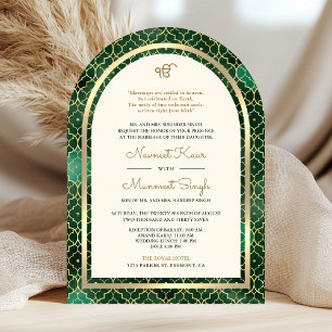Emerald Gold Moroccan QR Code Sikh Arch Wedding Invitation