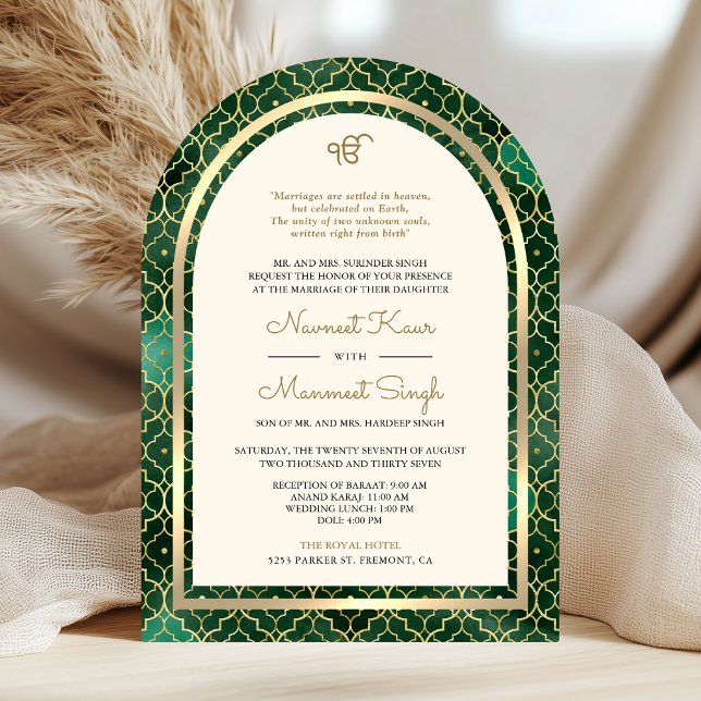 Emerald Gold Moroccan QR Code Sikh Arch Wedding Invitation (Creator Uploaded)