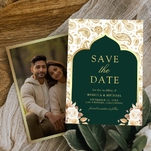 Emerald Gold Paisley Floral Indian Wedding Photo Save The Date