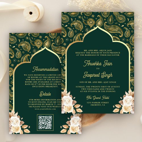Emerald Gold Paisley Floral QR Code Indian Wedding Invitation