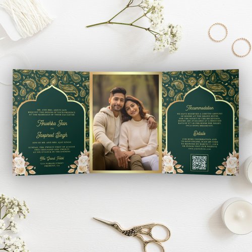 Emerald Gold Paisley Floral QR Code Indian Wedding Tri_Fold Invitation