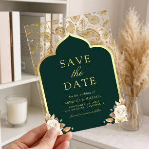 Emerald Gold Paisley Indian Wedding Save the Date