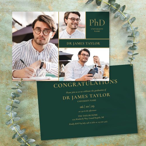 Emerald Gold PhD Degree 3 Photo Graduation Party Invitation