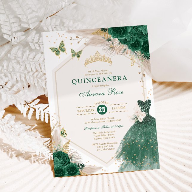 Emerald Gold Quinceañera Boho Floral Mis Quince 15 Invitation (Creator Uploaded)