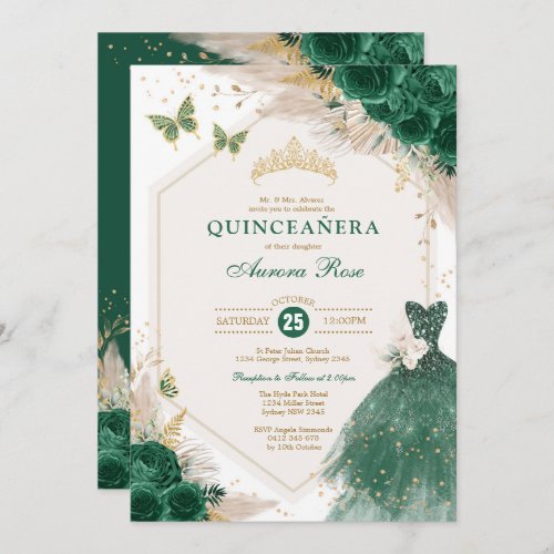 Emerald Gold Quinceaera Boho Floral Mis Quince 15 Invitation