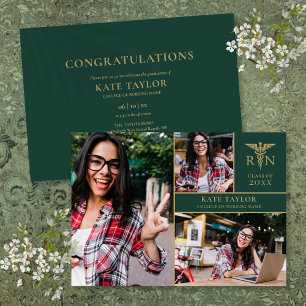 Emerald Gold RN Nursing 3 Photo Graduation Party Invitation