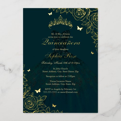 Emerald Gold Rose Dress Quinceanera Foil Invitation