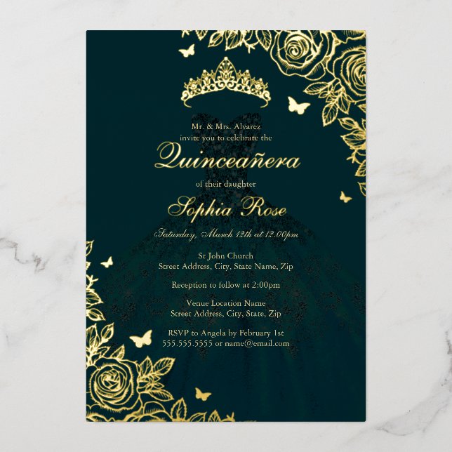 Emerald Gold Rose Dress Quinceanera Foil Invitation (Front)