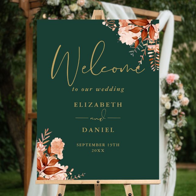 Emerald Gold Rustic Floral Wedding Welcome Sign (Emerald Gold Rustic Floral Wedding Welcome Sign)