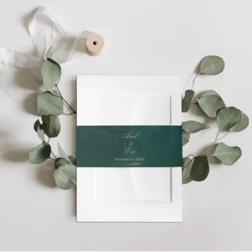 Emerald  Gold Script Font Wedding Invitation Belly Band