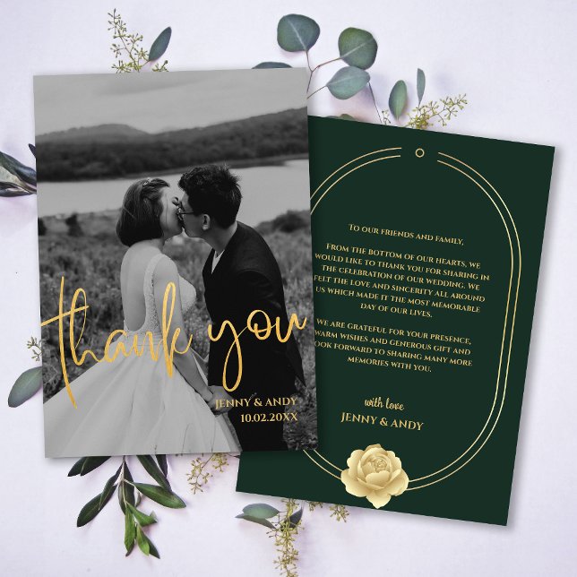 Emerald Gold Script Modern Photo Thank You Card (Emerald Gold Script Modern Photo Thank You Card)