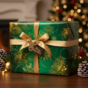 Emerald Gold Snowflake Winter Wonderland Wrapping Paper Sheets
