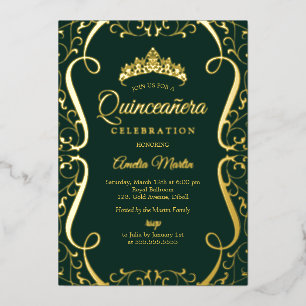Emerald Gold Swirl Elegant Quinceanera  Foil Invitation