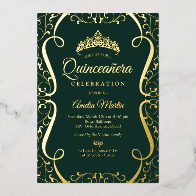 Emerald Gold Swirl Elegant Quinceanera  Foil Invitation (Front)