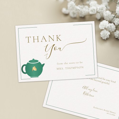 Emerald Gold Tea Elegant Bridal Shower Thank You Note Card