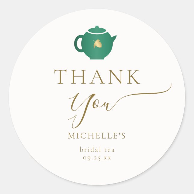 Emerald Gold Tea Party Elegant Favor Bridal Shower Classic Round Sticker (Front)