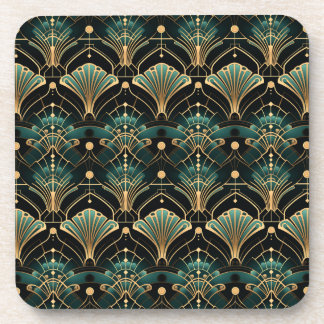 Emerald Gold Tones Art Deco-inspired Fan Beverage Coaster