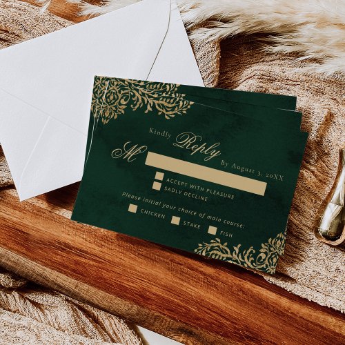 Emerald Gold Victorian wedding meal choice RSVP Card