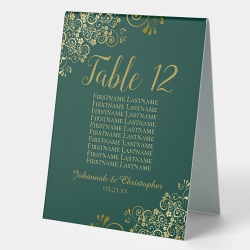 Emerald  Gold Wedding Table Number Seating Chart Table Tent Sign