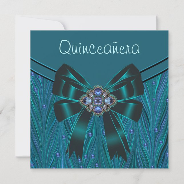 Emerald Grean Teal Blue Quinceanera Invitation (Front)