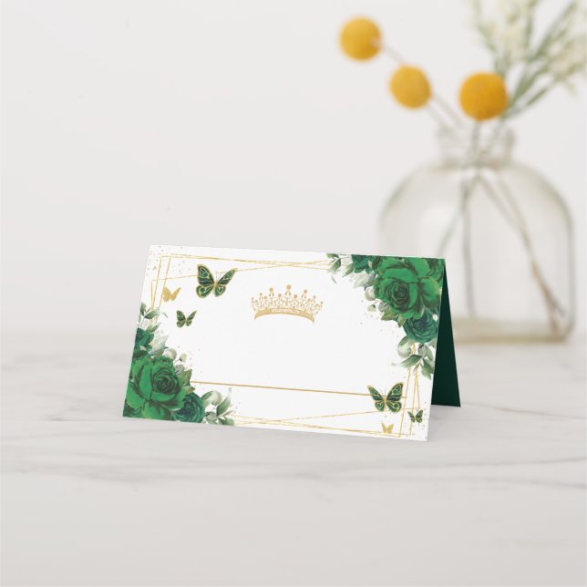 Emerald GreeFloral Gold Butterflies Quinceañera 15 Place Card (Front)
