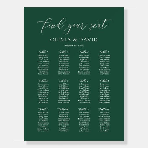 Emerald Green 12 table Seating Chart Foam Board Zazzle