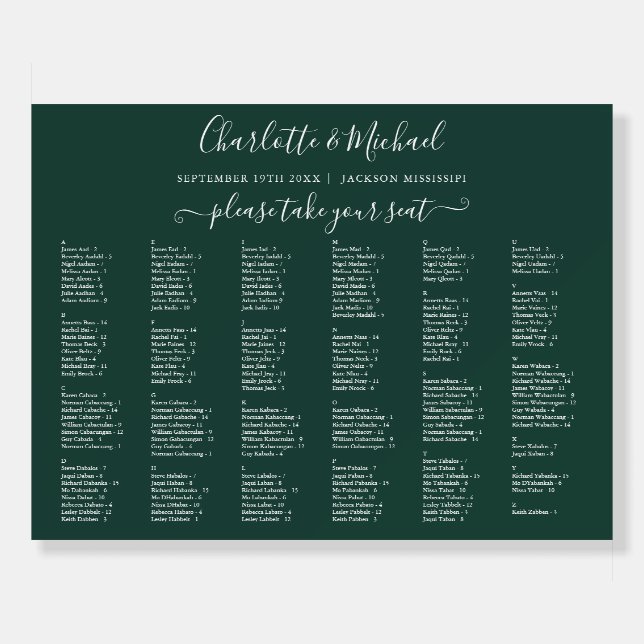 Emerald Green 200 Names Wedding Seating Chart Sign (Front)