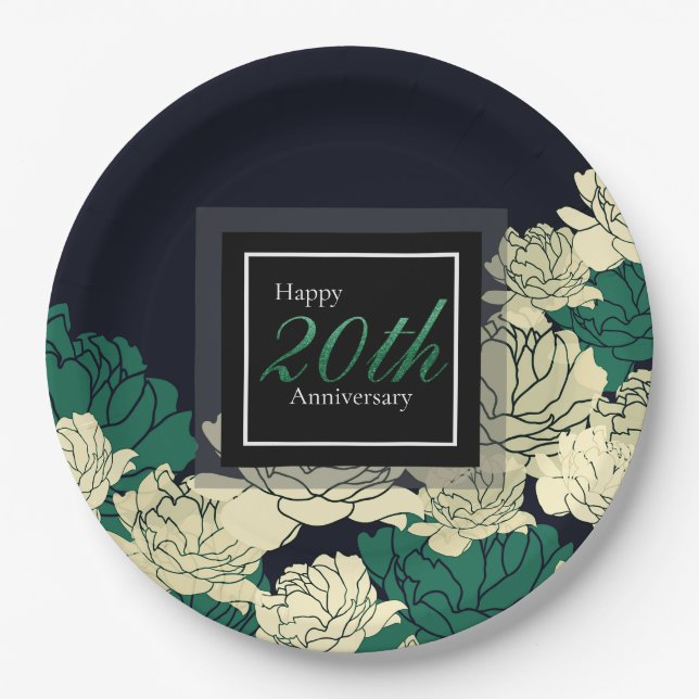 Emerald green 20th anniversary rose print paper pl plates (Front)
