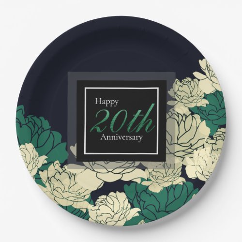 Emerald green 20th anniversary rose print paper plates
