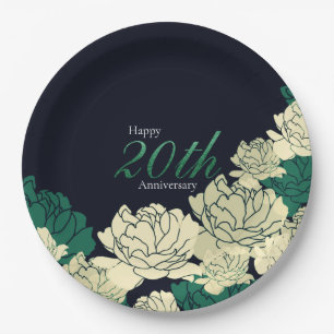 Emerald green 20th anniversary rose print paper plates