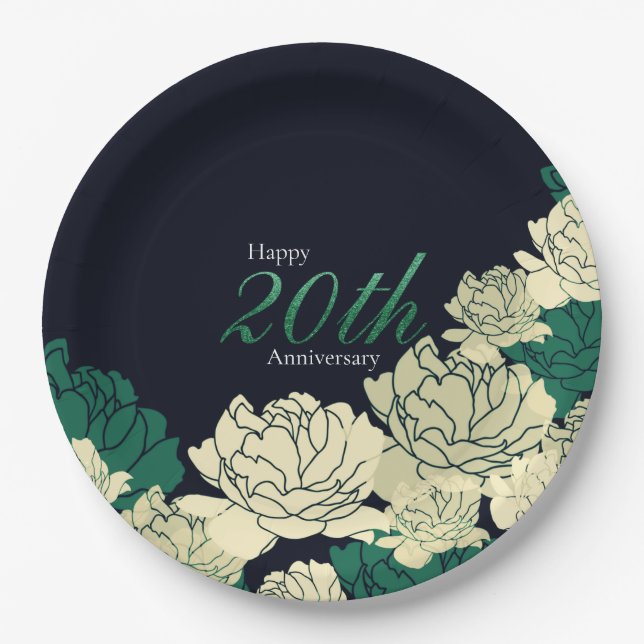 Emerald green 20th anniversary rose print paper plates (Front)