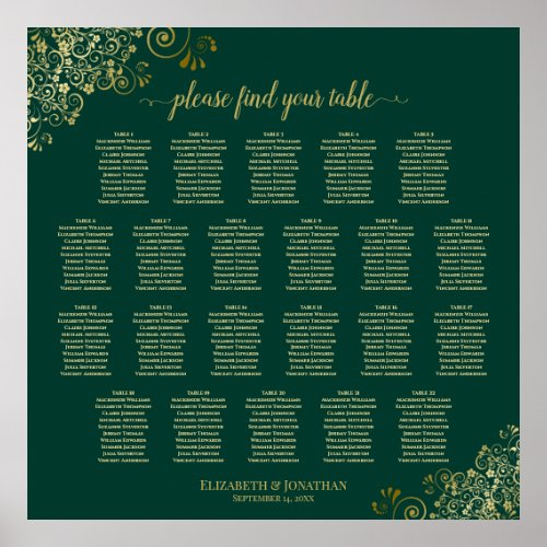 Emerald Green 22 Table Wedding Seating Chart Gold