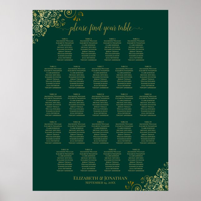 Emerald Green 23 Table Wedding Seating Chart Gold (Front)
