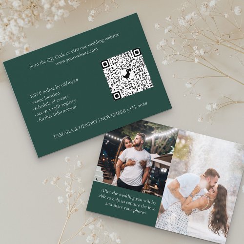 Emerald Green 2 Photo Online RSVP QR Code Wedding Enclosure Card