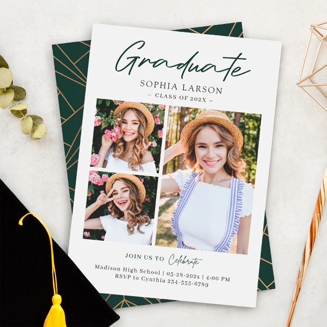Emerald Green 3 Photo Collage Graduation Announcement (Creator Uploaded)
