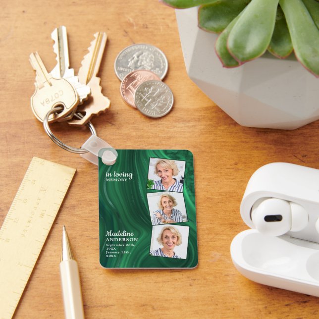 Emerald Green 3 Photo Funeral Gift Memorial Prayer Keychain (Desk)