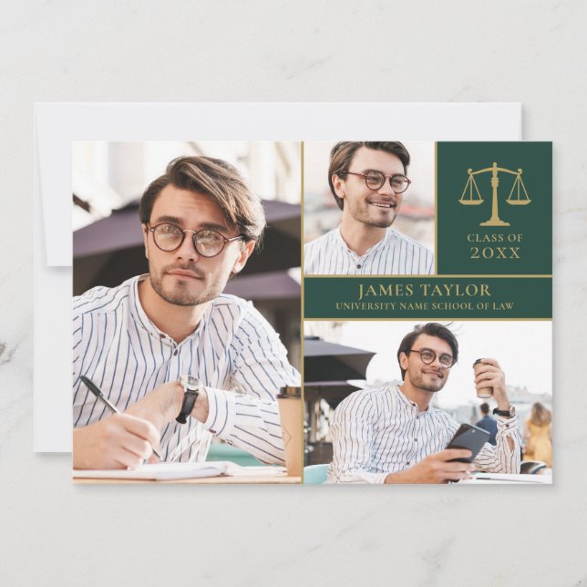 Emerald Green 3 Photo Law School Graduation Party Invitation (Front)