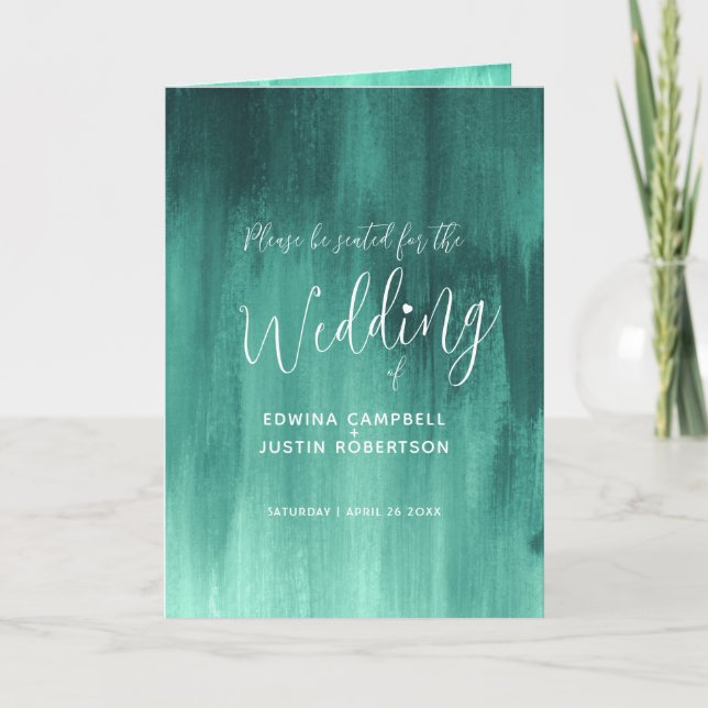 Emerald green abstract art wedding program (Front)