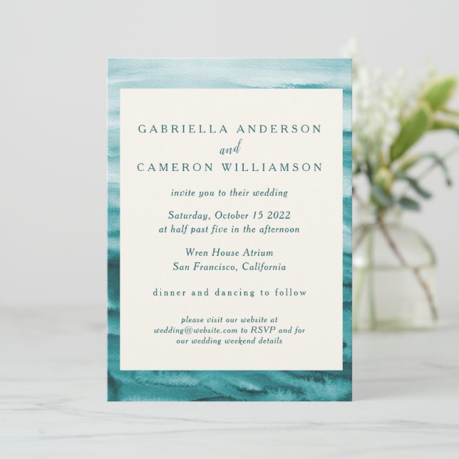 Emerald Green Abstract Watercolor Elegant Wedding Invitation (Standing Front)