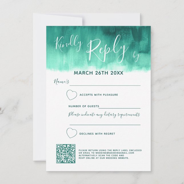 Emerald green abstract wedding reply RSVP qr code Invitation (Back)