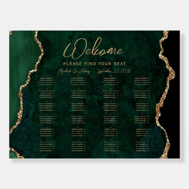 Emerald Green Agate Alphabetical Wedding Seating Foam Board (Front)