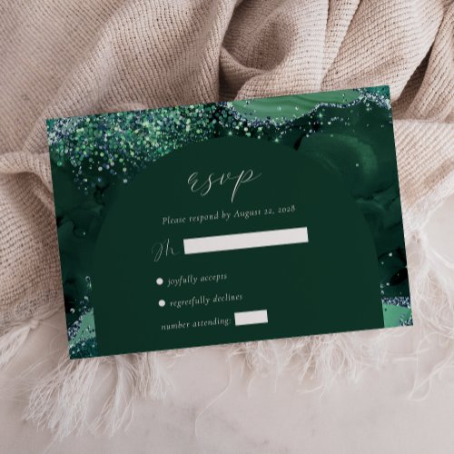 Emerald Green Agate Arch Silver Glitter Wedding RSVP Card