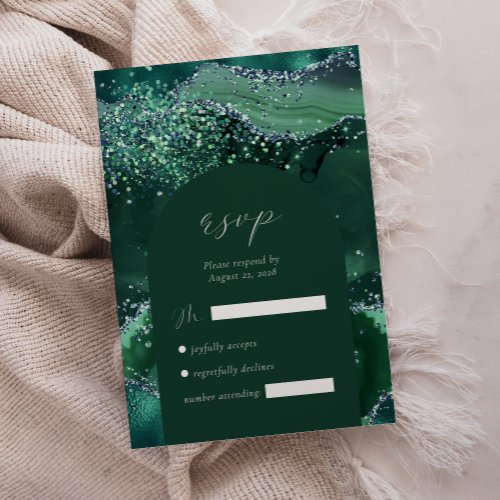 Emerald Green Agate Arch Silver Glitter Wedding RSVP Card