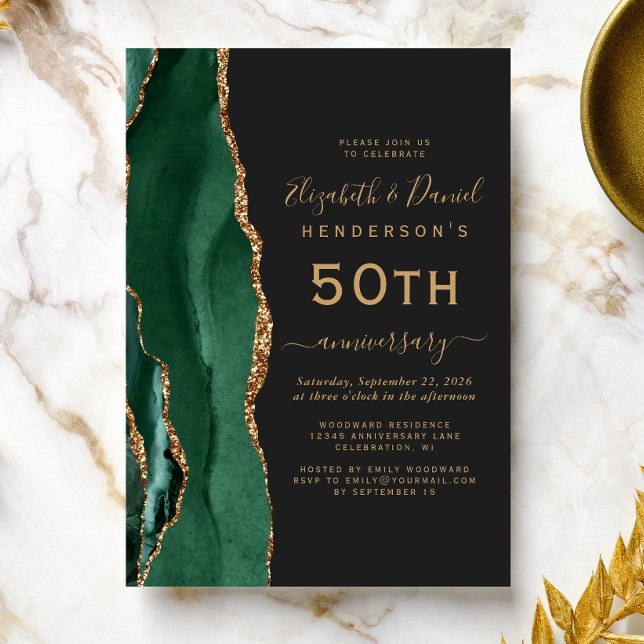 Emerald Green Agate Black Gold 50th Anniversary Invitation (Creator Uploaded)