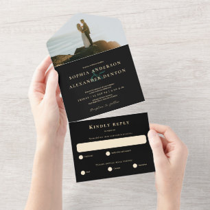 Emerald green agate black photo wedding all in one invitation