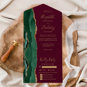 Emerald Green Agate Burgundy Meal Options Wedding All In One Invitation