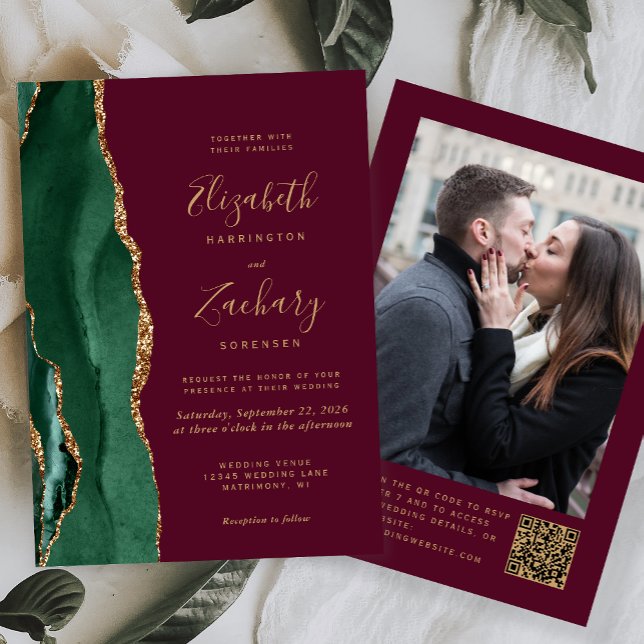 Emerald Green Agate Burgundy Photo QR Code Wedding Invitation (Creator Uploaded)