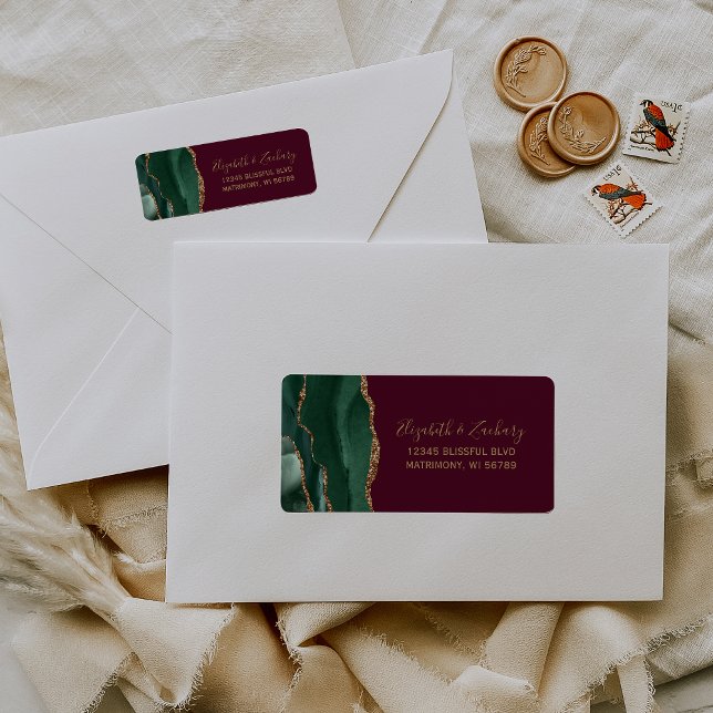 Emerald Green Agate Burgundy Return Address Label (Creator Uploaded)