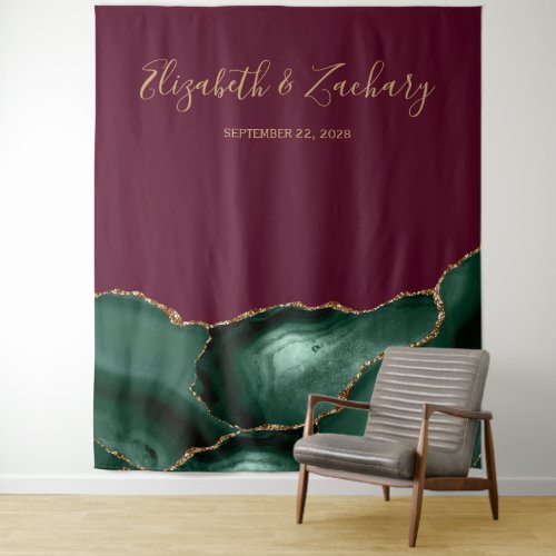 Emerald Green Agate Burgundy Wedding Photo Booth Tapestry