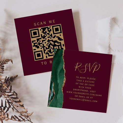 Emerald Green Agate Burgundy Wedding QR Code RSVP Enclosure Card